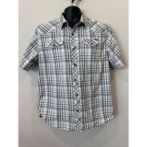 Ocean Current Shirt Adult Large Black & Green Plaid Snap Button Up Short‎ Sleeve